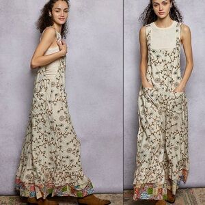 POL Embroidered Floral wide-leg Oversized Overalls with Patchwork print hem